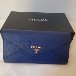 Authentic PRADA Wallet Blue Saffiano Leather
